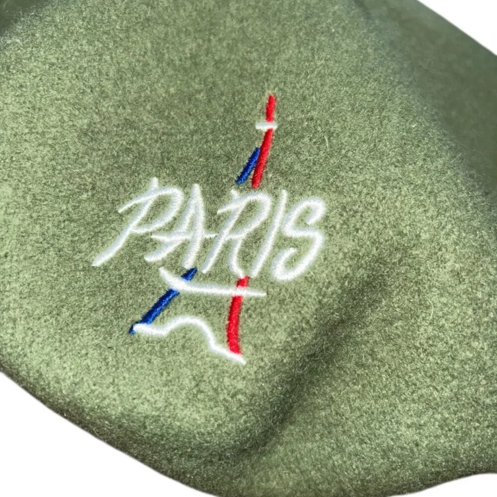 Paris France green wool embrodiered Eiffel Tower beret hat